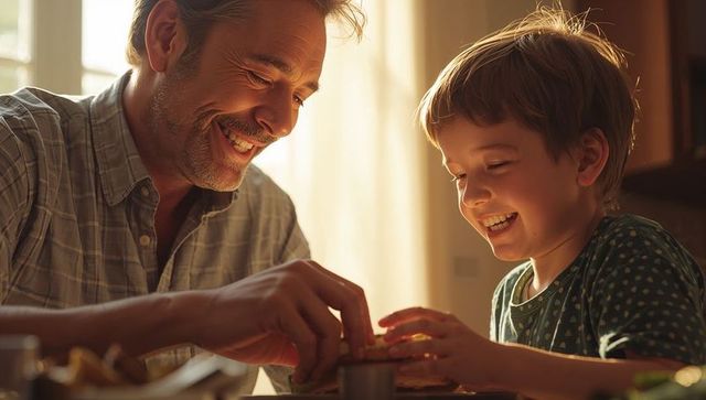 Father and son making sandwich at sunlit kitchen table sharing warm laughs