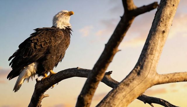 Bald eagle perching on dead branch at sunrise gripping talons and hooked beak