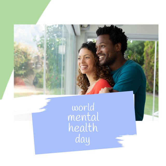 Animation of world mental health day text over diverse couple. Mental health day and celebration concept digitally generated image.