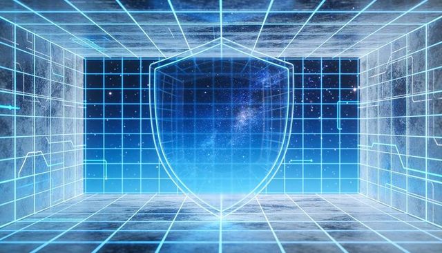 Hovering holographic shield inside neon grid cyber chamber cybersecurity concept