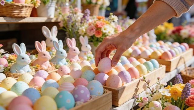 Hand picking pastel Easter egg at spring market stall with decorative bunnies and floral display