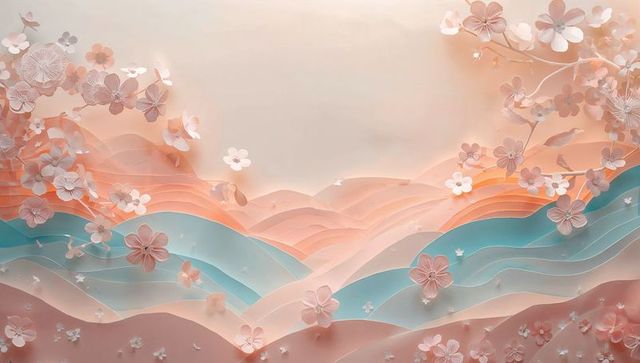 Pastel paper-cut hills cherry blossoms, layered papercraft backdrop for spring branding