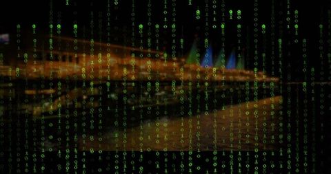 Cyberpunk binary code over city waterfront at night