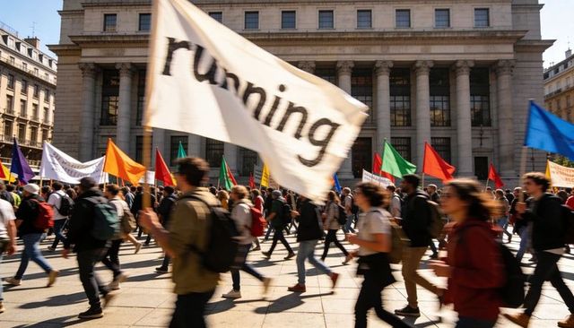 Marching protesters waving colorful flags in front of neoclassical government building