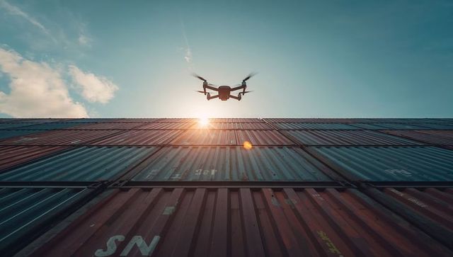 Backlit drone hovering over stacked shipping containers at sunset with dramatic sun flare