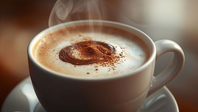 Steaming Cappuccino with Cocoa Swirl in Ceramic Cup