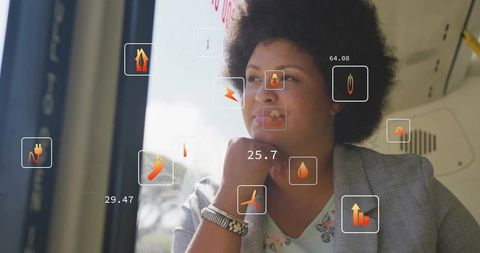 Business professional engaging with virtual data on commute