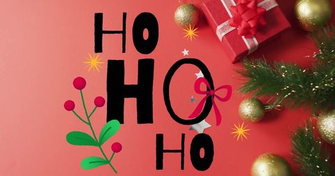 Festive christmas greetings with red gift and ornaments on red background