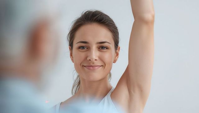 Confident young woman raising arm and smiling minimalist headshot for wellness
