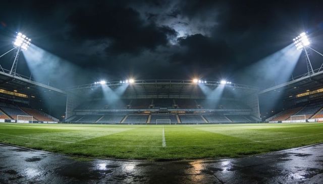 Floodlit football stadium at night showing wet pitch, puddles, reflections and dramatic sky
