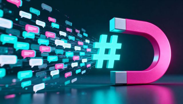 Neon magnet attracting glowing hashtag and chat bubbles for social media engagement boost