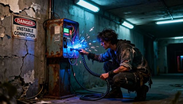 Crouching man tinkering with rusted electrical cabinet emitting blue sparks in corridor