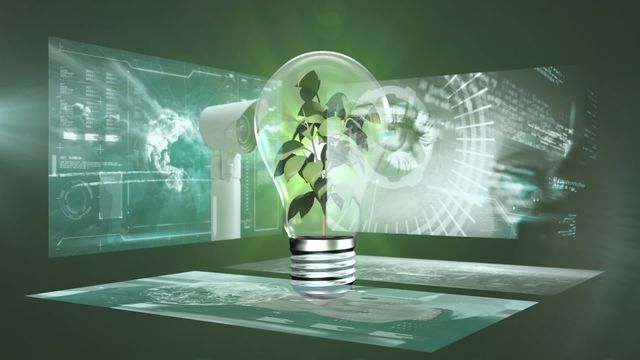 This stock image visualizes a creative concept of sustainable growth and innovation. It shows a plant growing inside a light bulb against a backdrop of holographic screens, symbolizing the merging of technology and nature. Ideal for use in projects related to green energy, environmental awareness, technological advancements, or sustainability initiatives. It can be used in blogs, advertisements, posters, presentations, and educational materials about eco-friendly practices and futuristic innovations.