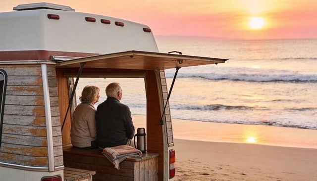 Senior couple watching sunset from vintage camper on beach during golden hour