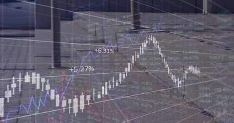 Financial analytics graphs overlay people walking