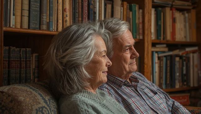 Sitting senior couple sharing quiet moment on sofa with bookshelf background in cozy home library