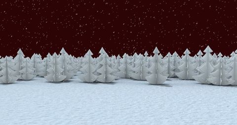 Winter Wonderland with Snowy Fir Trees Against Maroon Sky