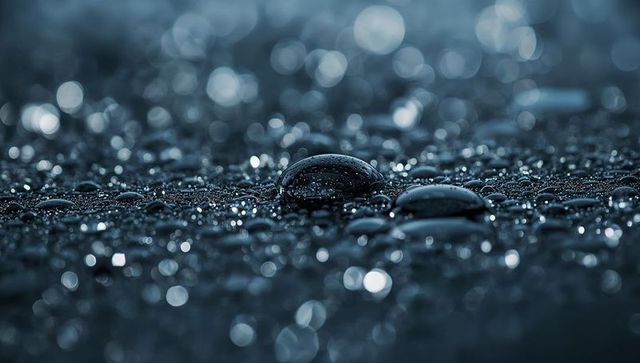 Macro water droplets resting on dark textured surface with blue-gray bokeh reflections