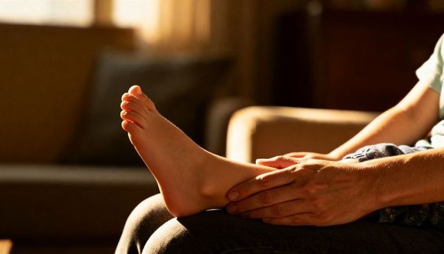 Tender hands cradling child's foot in warm sunlight caregiver bonding closeup