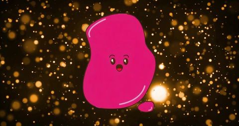 Floating pink blob character glowing among golden bokeh lights playful surreal cartoon