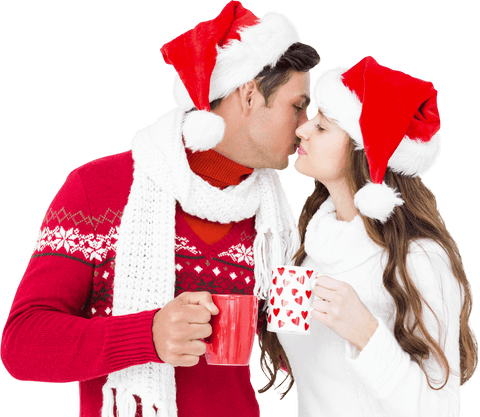 Transparent Holiday Romance with Santa Hats and Mugs