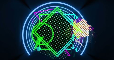 Vibrant Neon Geometric Shapes on Black Background