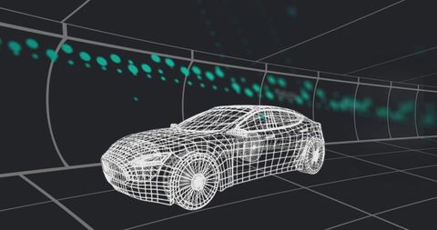 Rendering futuristic wireframe car in digital tunnel with teal particle trails