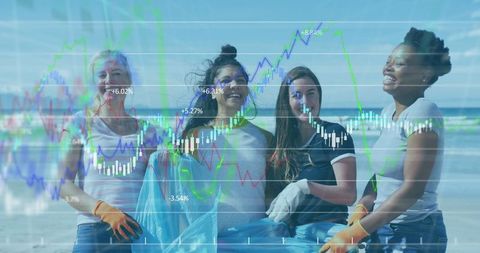 Team of Volunteers Cleaning Beach with Overlayed Financial Data