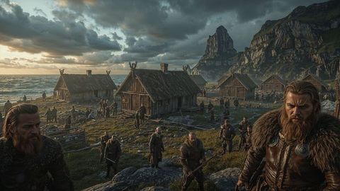 Viking warrior oversees coastal kingdom amidst dramatic landscapes
