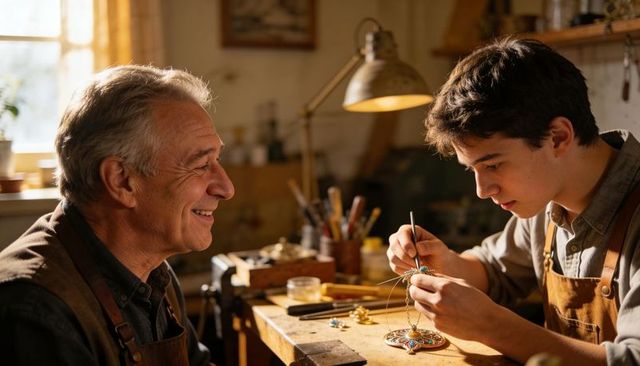 Mentoring young jeweler crafting ornate pendant on wooden bench in sunlit artisan workshop