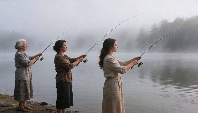 Three generations casting fishing rods on misty lake at dawn, family bonding and tradition
