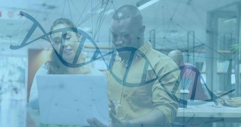 Diverse Scientists Analyzing Data with DNA Double Helix Overlay