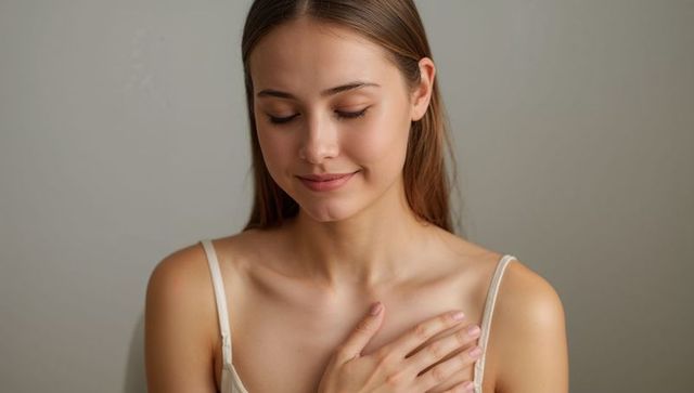Young woman practicing self-care, resting hand on chest, serene minimalist portrait