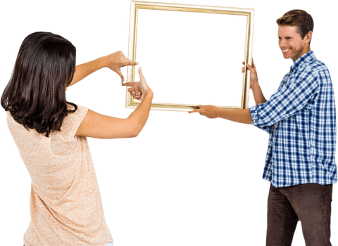Couple hanging picture frame on transparent background