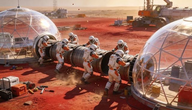 Pushing Habitat Connector on Red Planet Crew Aligning Geodesic Domes and Tunnel
