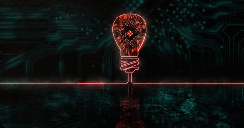 Glowing Orange Light Bulb Over Blue Circuit Board Background