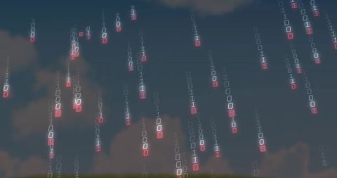 Glowing binary rain falling over grassy horizon at dusk with neon cyber code and clouds