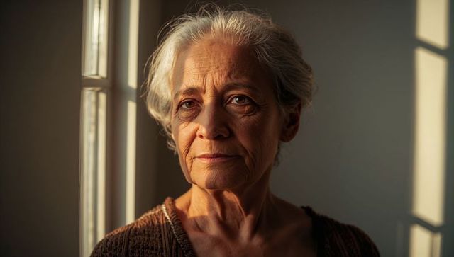 Senior woman reflecting in golden hour window light, close-up portrait of resilience