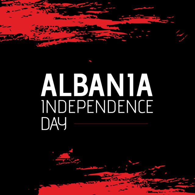 Composition of albania independence day text over red shapes on black background. Albania independence day and celebration concept digitally generated image.