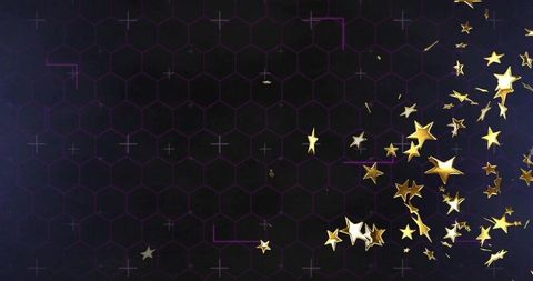 Golden star shower scattering across futuristic hex grid background with purple accents