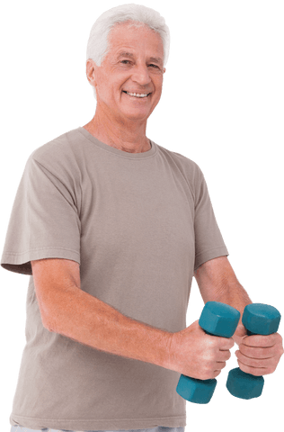 Senior man smiling while lifting weights on transparent background