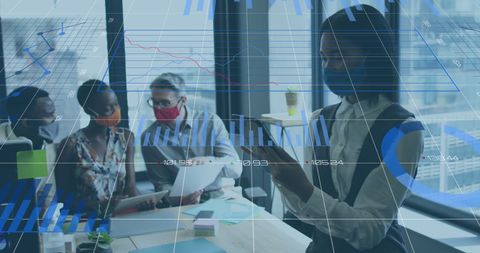 Business meeting with financial data overlay during pandemic