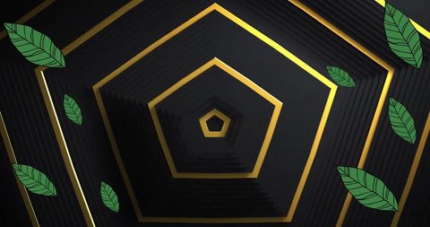 Abstract geometric background with green leaves and gold accents
