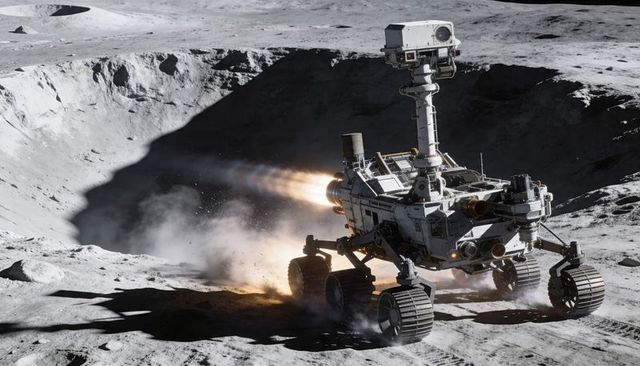 6-Wheeled Lunar Rover Traversing Crater, Thrusters Firing, Mast Camera Scanning Regolith