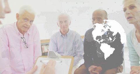 Senior group participating in community discussion with facilitator and global map overlay