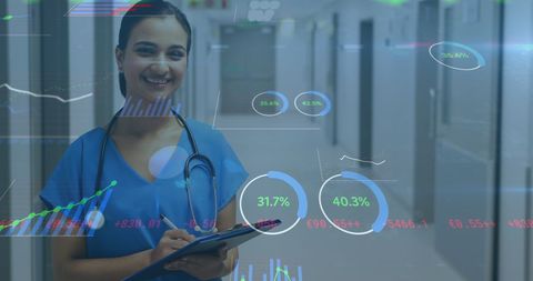 Smiling Doctor with Digital Financial Technology Overlay