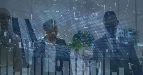 Diverse business team analyzing financial graph data