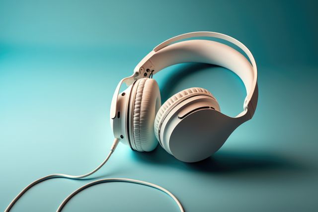 Close up of white headphones with wire on blue background created using generative ai technology. Technology and music concept digitally generated image.