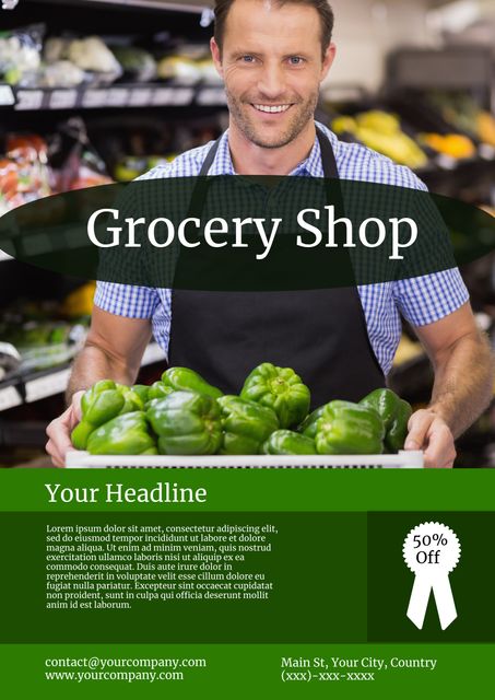 Smiling Grocer Showing Fresh Green Bell Peppers in Grocery Store - Download Free Stock Templates Pikwizard.com