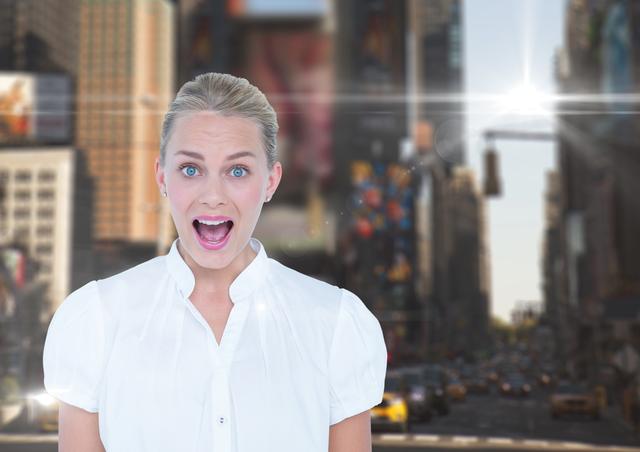 Blonde businesswoman with open mouth and facial expression of excitement or surprise on a busy urban street. Sunlight and cityscape blend in the background. Useful for themes related to business stress, urban life, or emotional expression graphics.